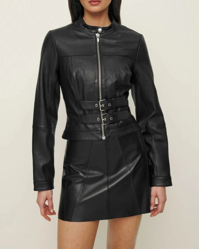 veda park tie waist leather jacket