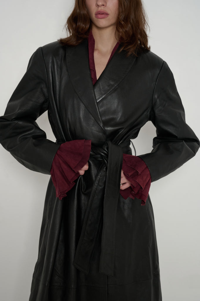 Frida Full Length Leather Wrap Coat in Black | | VEDA