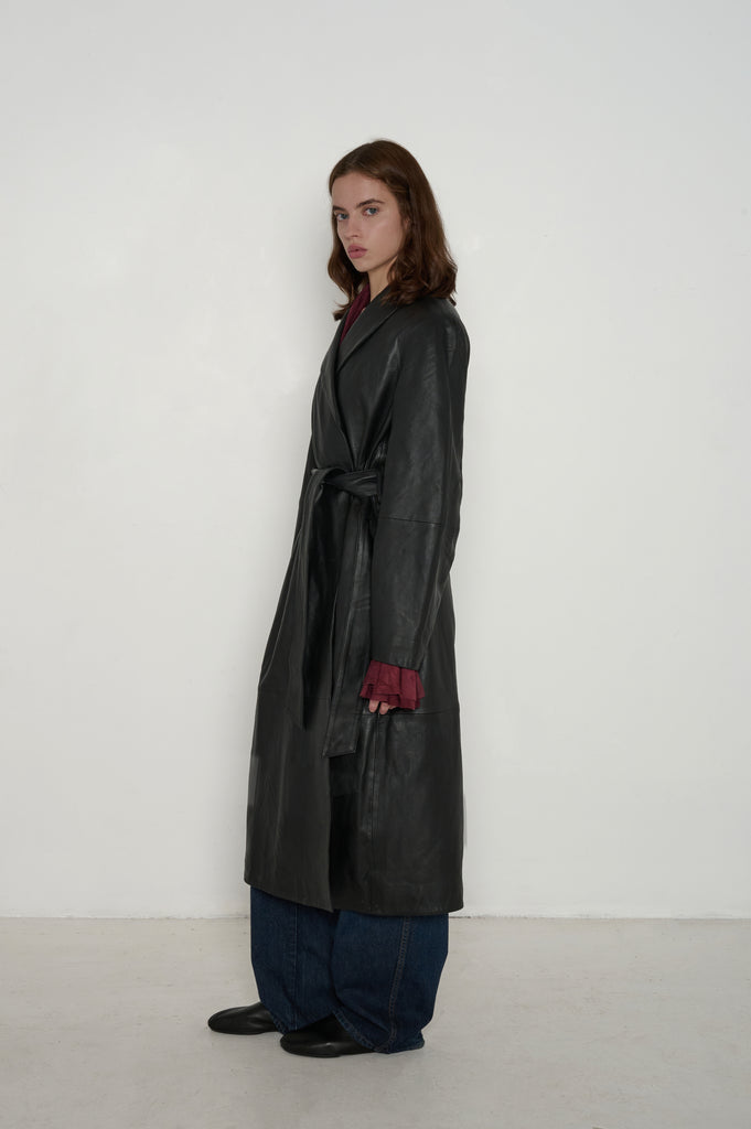 Frida Full Length Leather Wrap Coat in Black | | VEDA