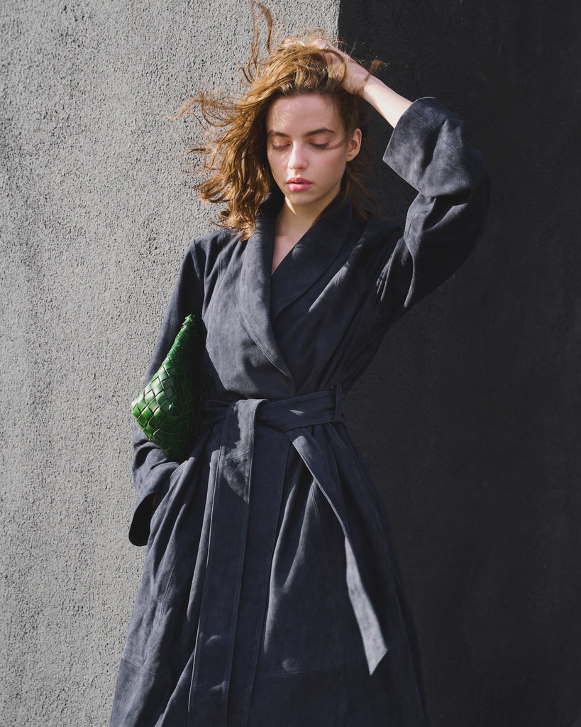 Frida Full Length Leather Wrap Coat in Midnight Suede | | VEDA