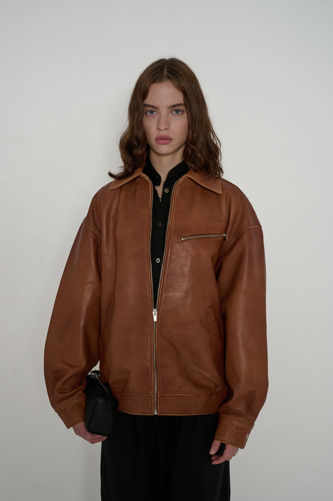 6040 - Mens Single Collar Leather Bomber Jacket in Chocolate