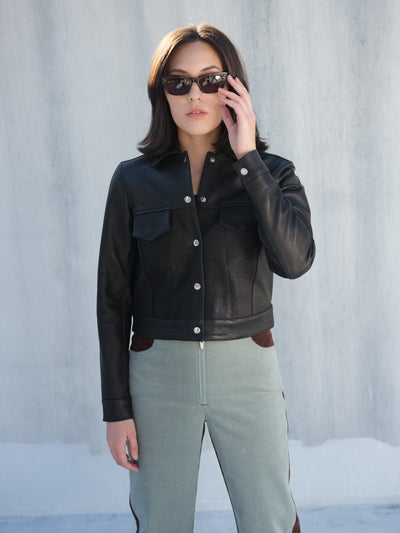 Roy Snap Front Leather Jacket Black | JACKET | VEDA